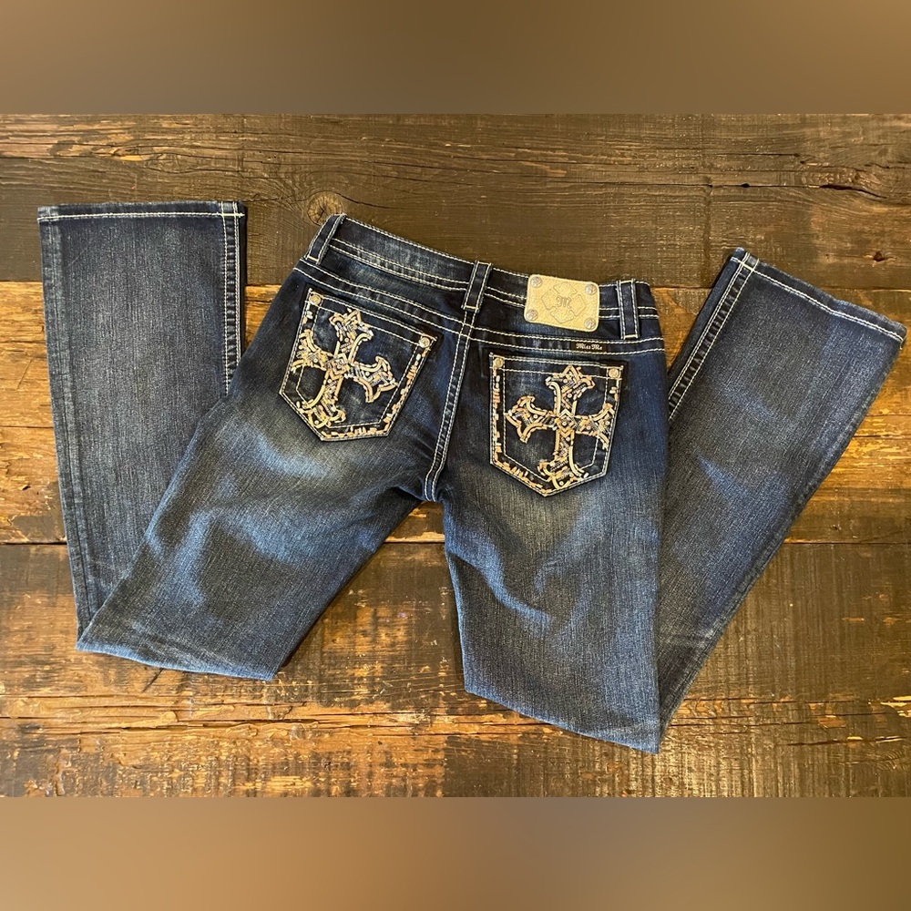Miss Me Dark Blue Boot Cut Jeans with Embroidered Pockets